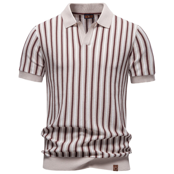 Herren nan gestreiftes Strickpoloshirt kurzarm aus feiner Baumwollmischung mit Polokragen und Rippbündchen Drune