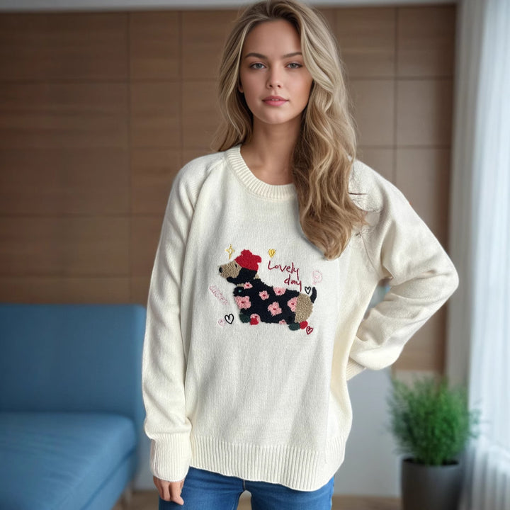 Damen Pullover mit tierischem Motiv und dekorativen Stickereien Drune