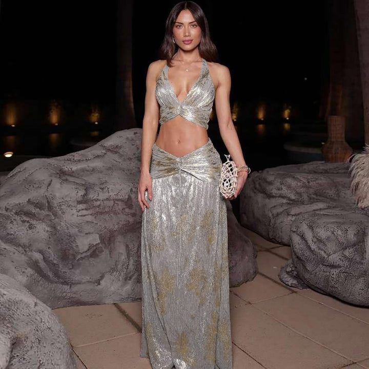 Damen Zweiteiliges glitzerndes Maxikleid mit raffinierten Schnürdetails Drune