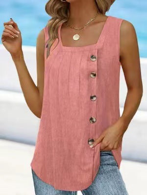 Damen ärmelloses Blusenshirt mit Knopfleiste und sommerlichem Schnitt Drune