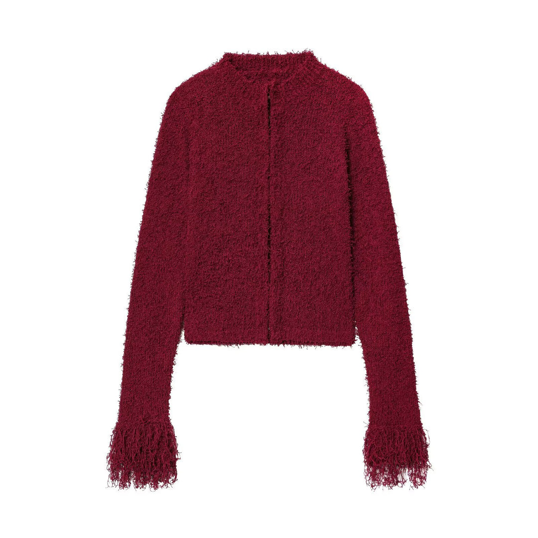 Damen Kuschelige Strickjacke mit fransigen Ärmeln und modischem Kragen Drune