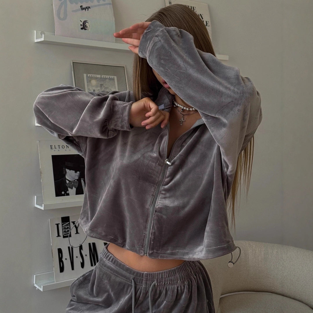 Damen Sportliches Velours-Loungewear-Set mit Reißverschluss und Kapuze Drune