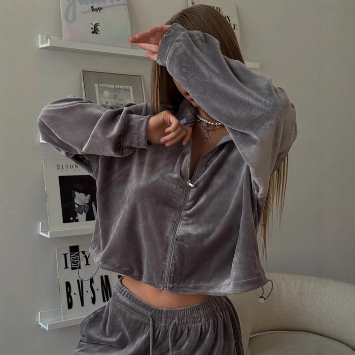 Damen Sportliches Velours-Loungewear-Set mit Reißverschluss und Kapuze Drune