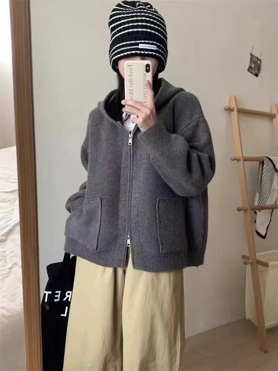 Damen Casual Oversized Strickjacke mit Kapuze und Taschen Drune