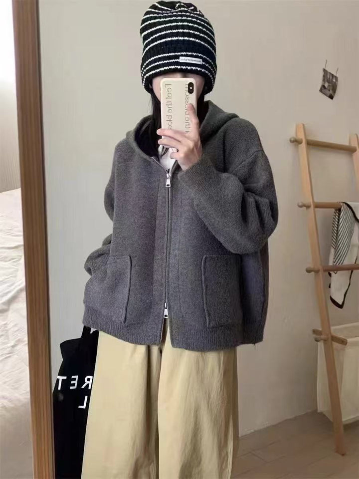 Damen Casual Oversized Strickjacke mit Kapuze und Taschen Drune