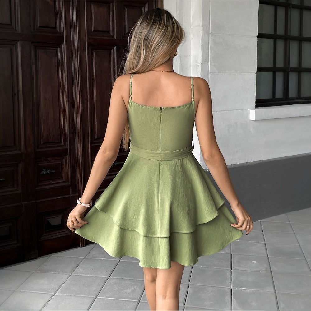 Damen Trägerkleid mit gestuften Rüschen und bindbarem Gürtel Drune