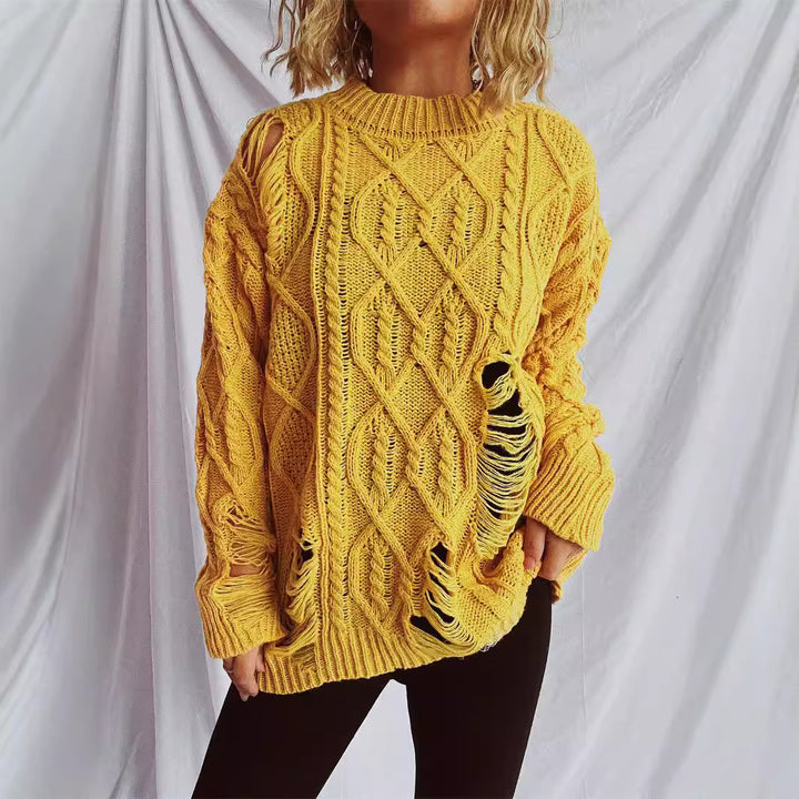Damen lässiger Oversized-Pullover mit strukturiertem Zopfmuster und Fransen Drune