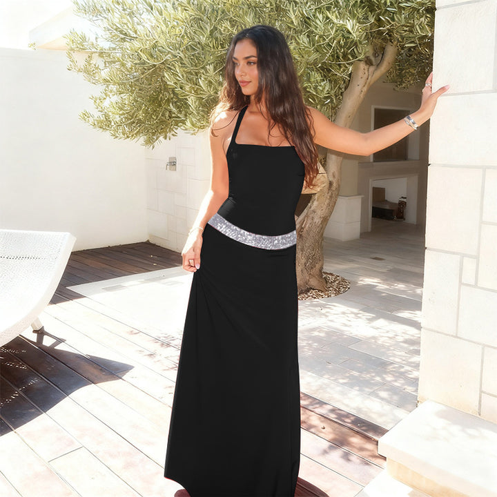 Damen elegantes Maxikleid mit schimmerndem Halterdesign und glitzerndem Taillengürtel Drune