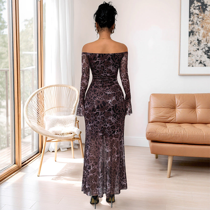Damen Off-Shoulder Maxikleid mit tierischem Muster und langen Ärmeln Drune