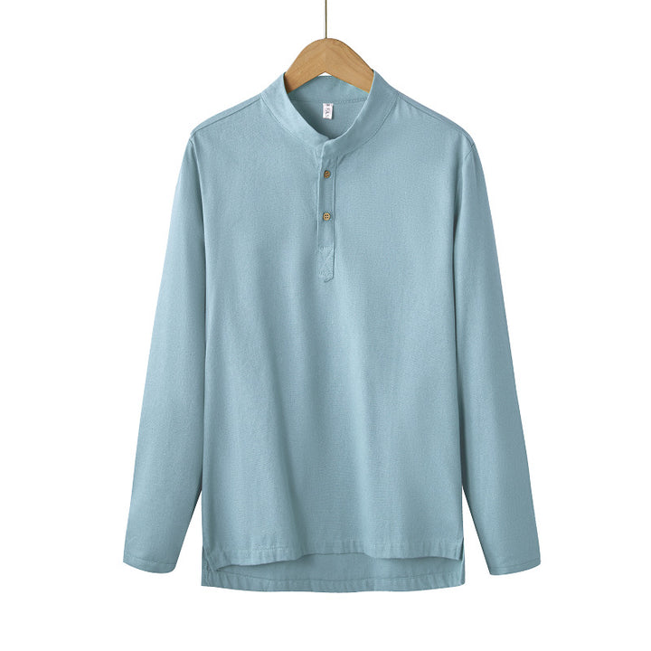Herren nan langärmeliges Henley-Shirt mit Stehkragen und verdeckter Knopfleiste aus Baumwollmix Drune