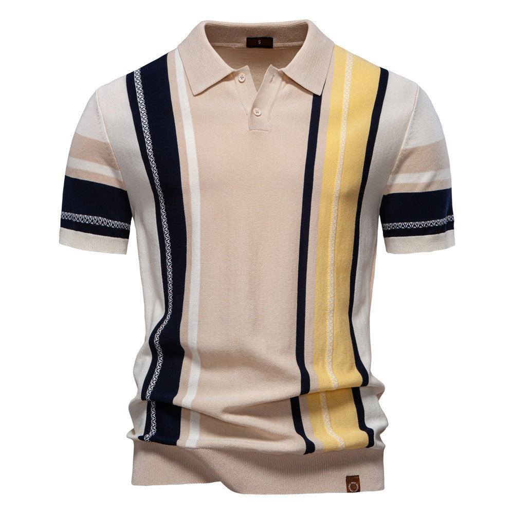 Herren nan retro-inspiriertes Strickpolo mit vertikaler Intarsienstruktur und offenem Kentkragen Drune