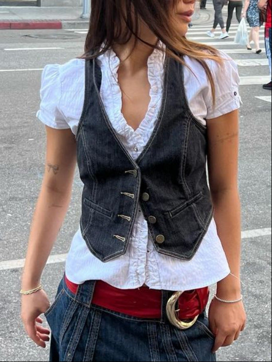 Damen Denim-Weste mit feinen Knopfdetails und praktischen Taschen Drune