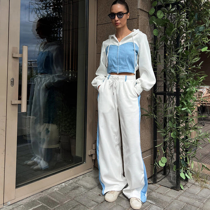Damen nan zweiteiliges Cropped-Hoodie-Set mit Reißverschluss, elastischem Komfortbund und weitem Seitenstreifen-Hose Drune