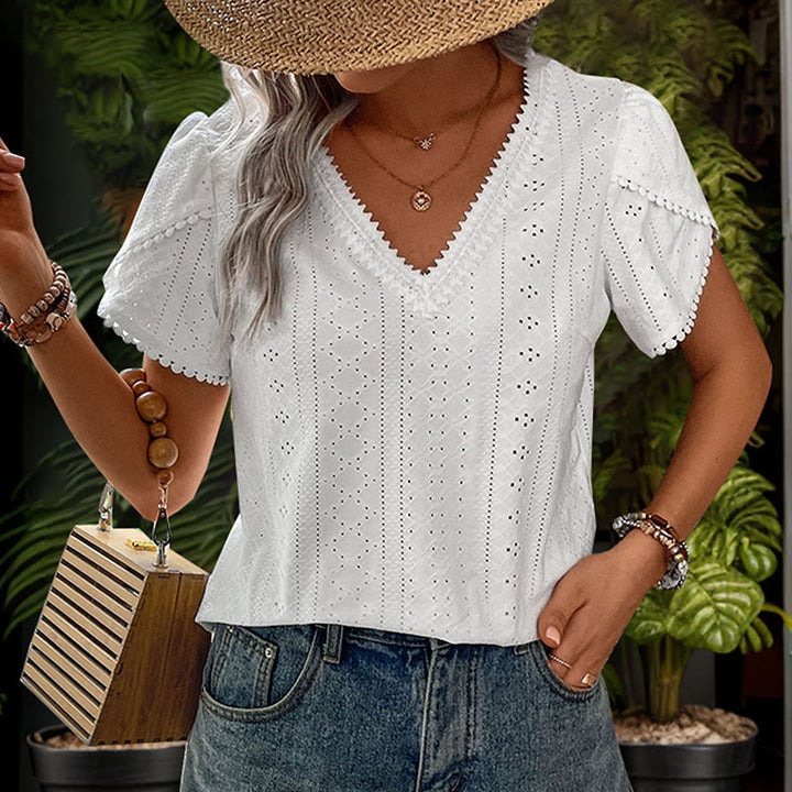 Damen luftiges Blusenshirt mit dekorativem Lochmuster Drune
