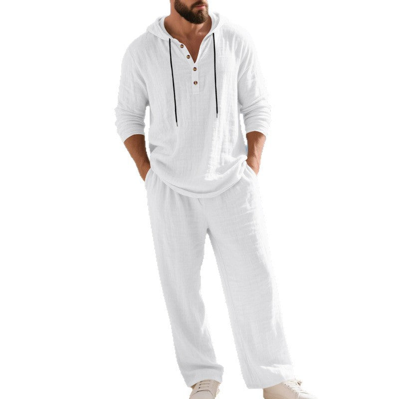 Herren nan lässiges Leinenzweiteiler-Set mit Kapuzenhemd im Henley-Stil und weiten Freizeit-Hosen Drune