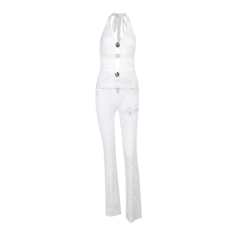 Damen Jumpsuit mit elegantem Spitzendetail und tiefem V-Ausschnitt Drune