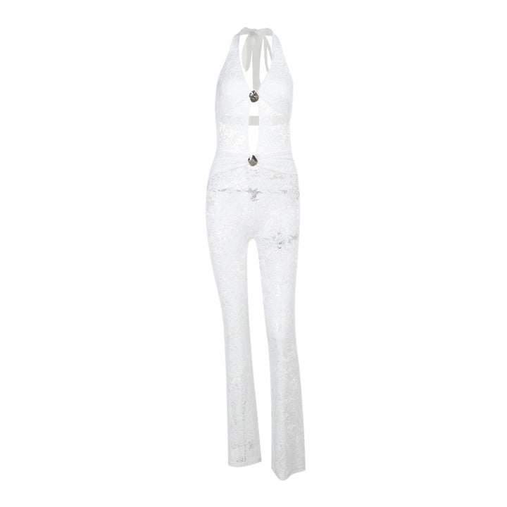 Damen Jumpsuit mit elegantem Spitzendetail und tiefem V-Ausschnitt Drune