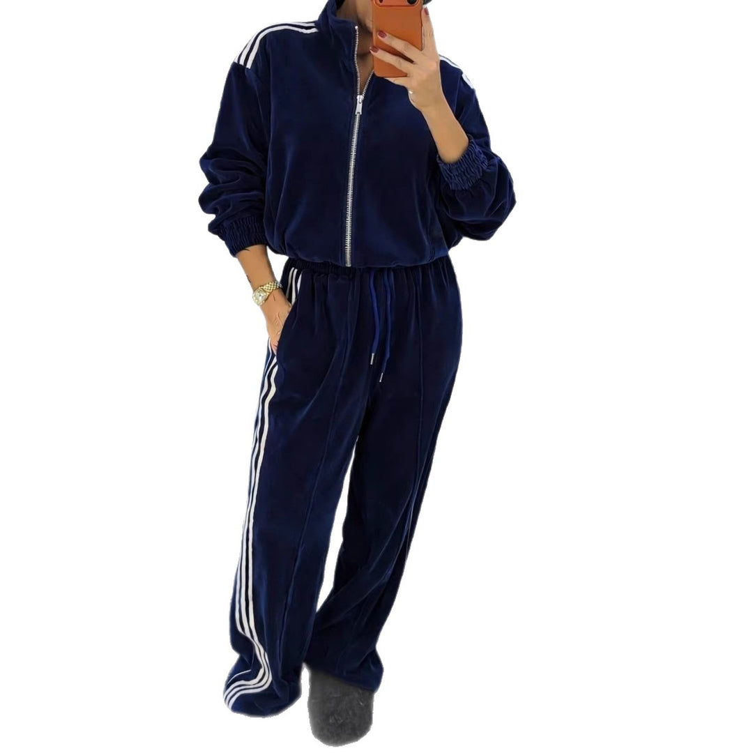 Damen sportlicher Velours-Jogginganzug mit hochgeschlossenem Kragen und elastischem Bund Drune