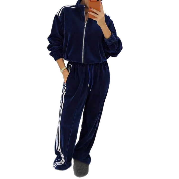 Damen sportlicher Velours-Jogginganzug mit hochgeschlossenem Kragen und elastischem Bund Drune
