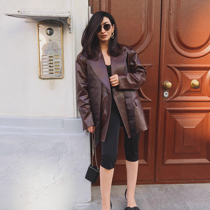 Damen modischer Kunstleder-Blazer mit Croco-Optik Drune