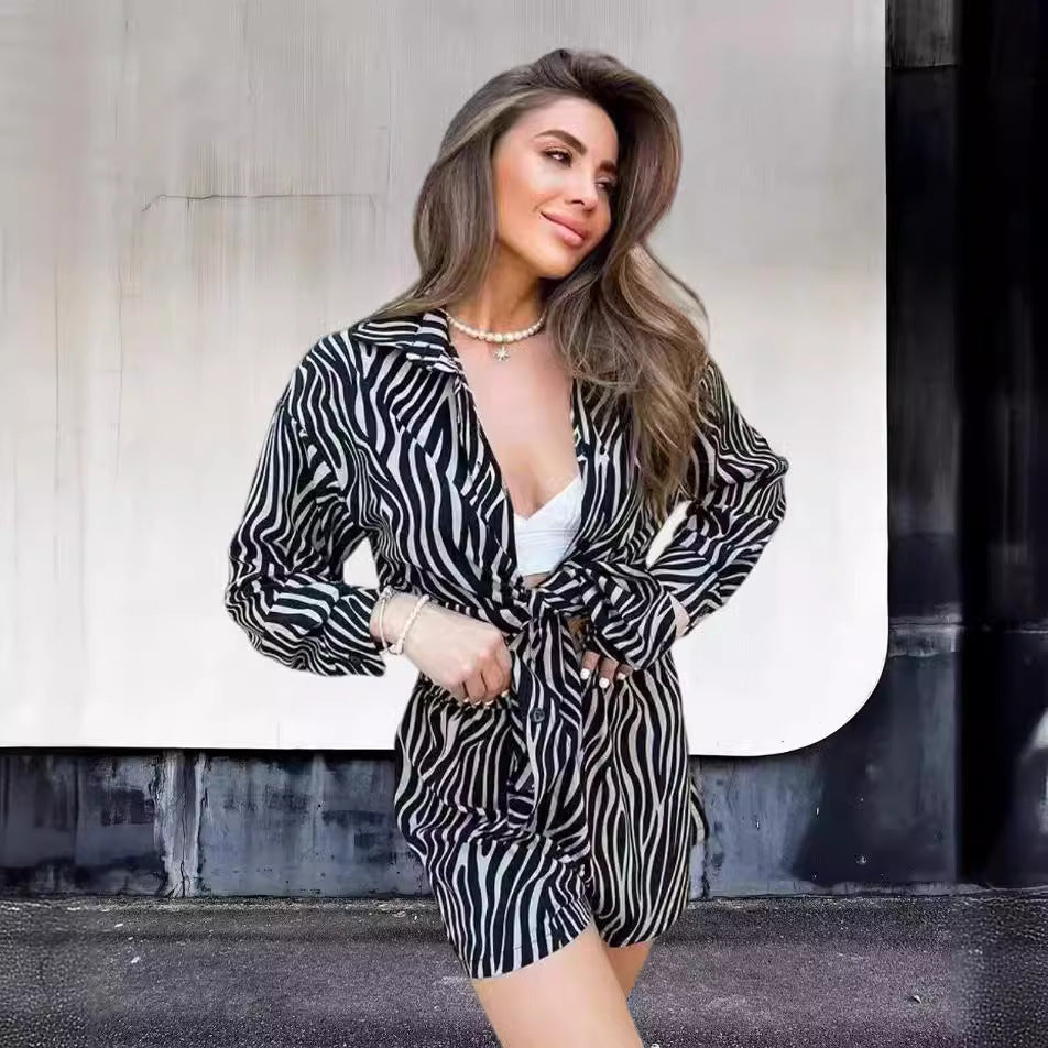 Damen elegante Kurzarmbluse mit Zebra-Print Drune