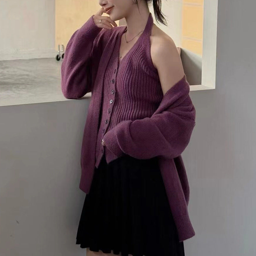 Damen Grobstrickjacke mit abnehmbaren Ärmeln und Knopfdetails Drune