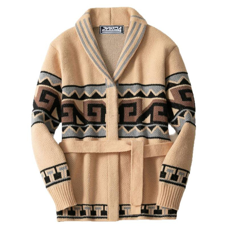 Damen Strickjacke mit grafischem Muster und Gürtel Drune