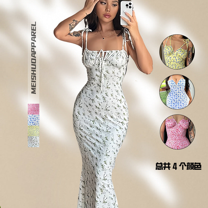 Damen Blumenmuster Maxikleid mit Figurbetontem Schnitt und Spaghetti-Trägern Drune