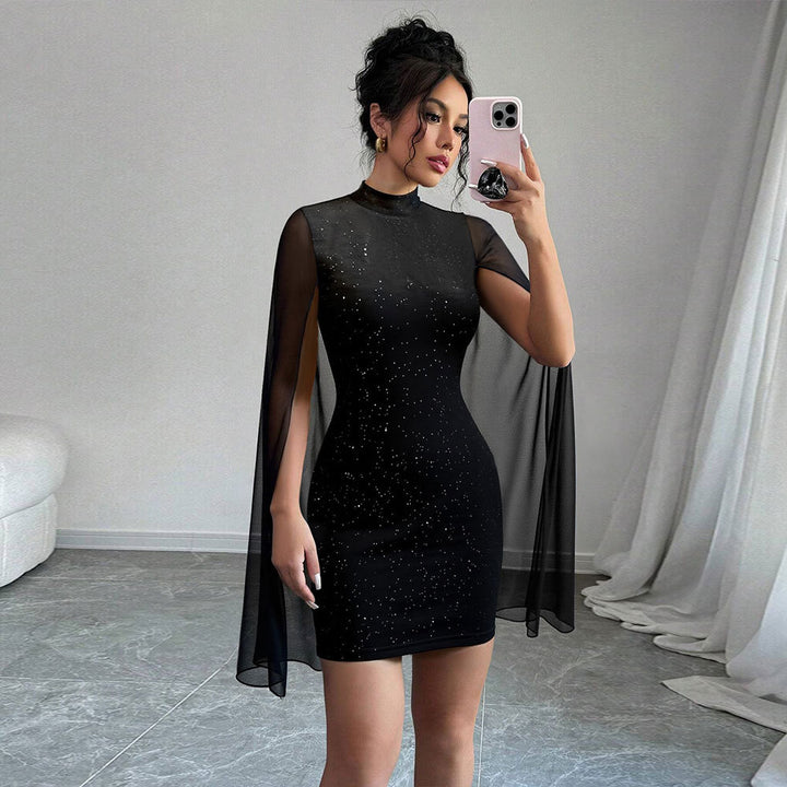 Damen Cocktailkleid mit transparenten Überwürfen und Glitzerakzenten Drune