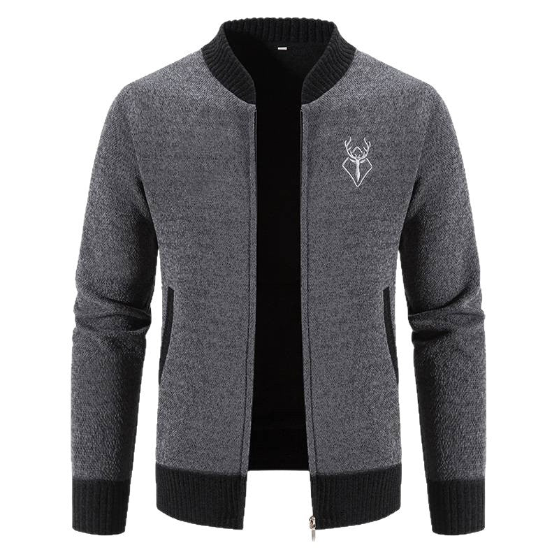 Herren nan lässiger Zip-Strickblouson mit weichem Thermofutter, geripptem Stehkragen und Hirsch-Logo Drune