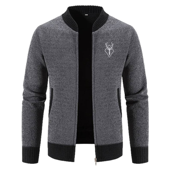 Herren nan lässiger Zip-Strickblouson mit weichem Thermofutter, geripptem Stehkragen und Hirsch-Logo Drune