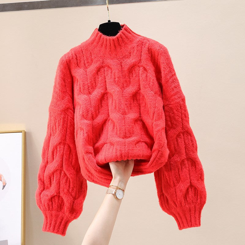 Damen kuscheliger Strickpullover mit voluminösen Ärmeln und Zopfmuster Drune