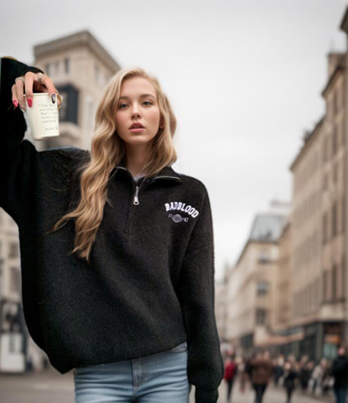 Damen weicher Halbzip-Pullover mit lässiger Passform und eleganter Stickerei Drune