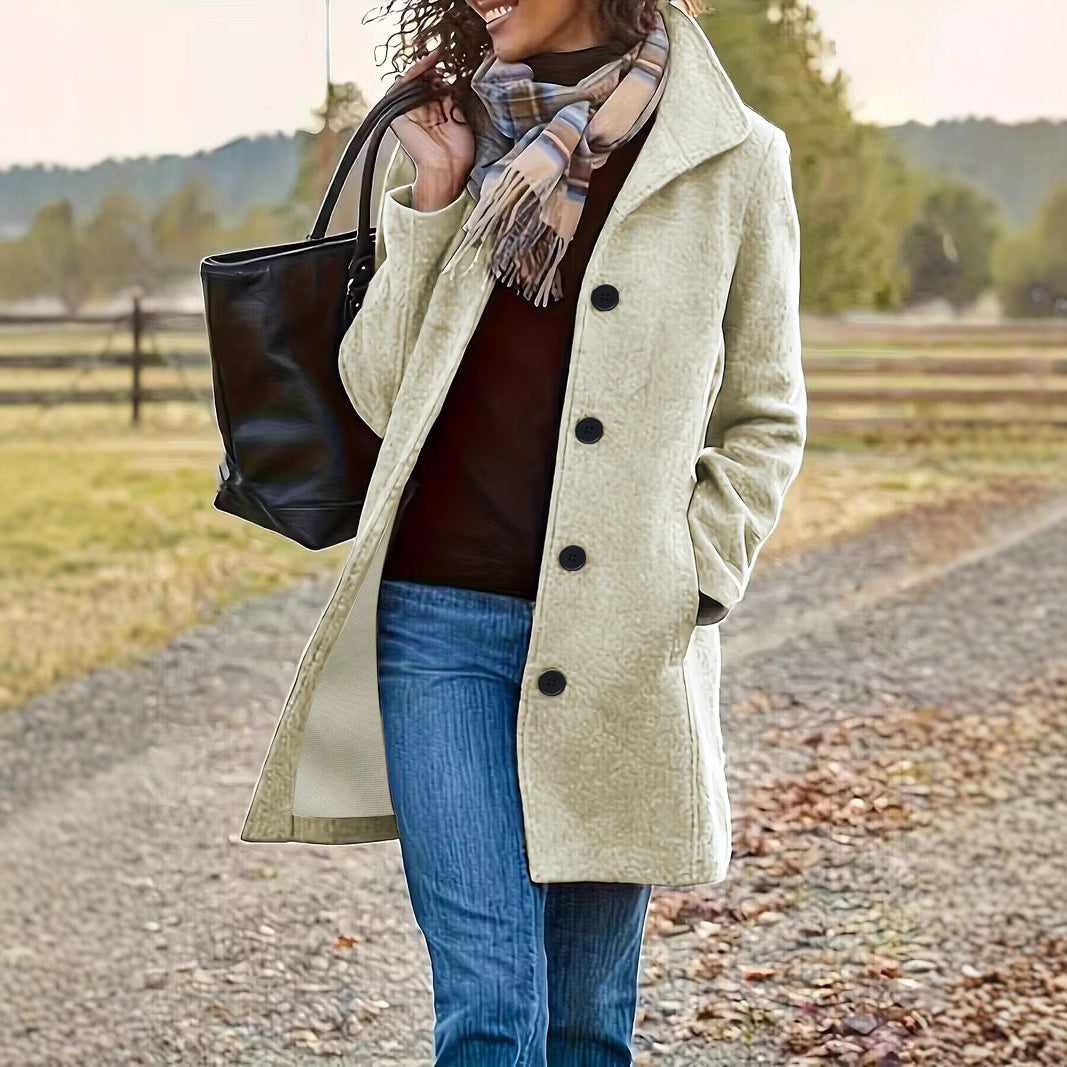 Damen elegante Wollmantel mit modernem Kragen und praktischen Taschen Drune