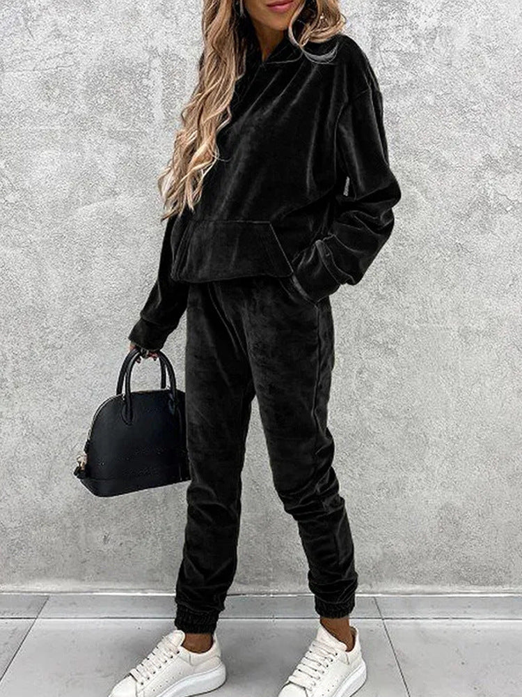 Damen luxuriöses Mikrofaser-Sportanzug mit Kapuze und Taschen Drune