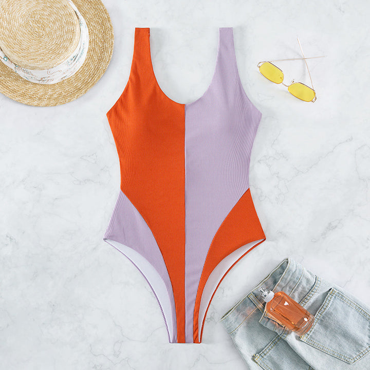 Damen Einteiliger Badeanzug mit tiefem V-Ausschnitt und modischen Farbblock-Design Drune
