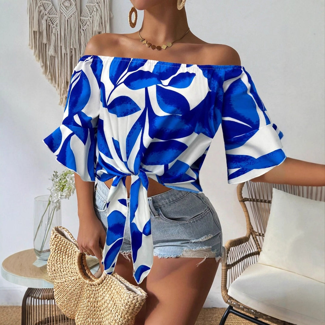 Damen Off-Shoulder Bluse mit floralem Muster und taillierbarem Knoten Drune