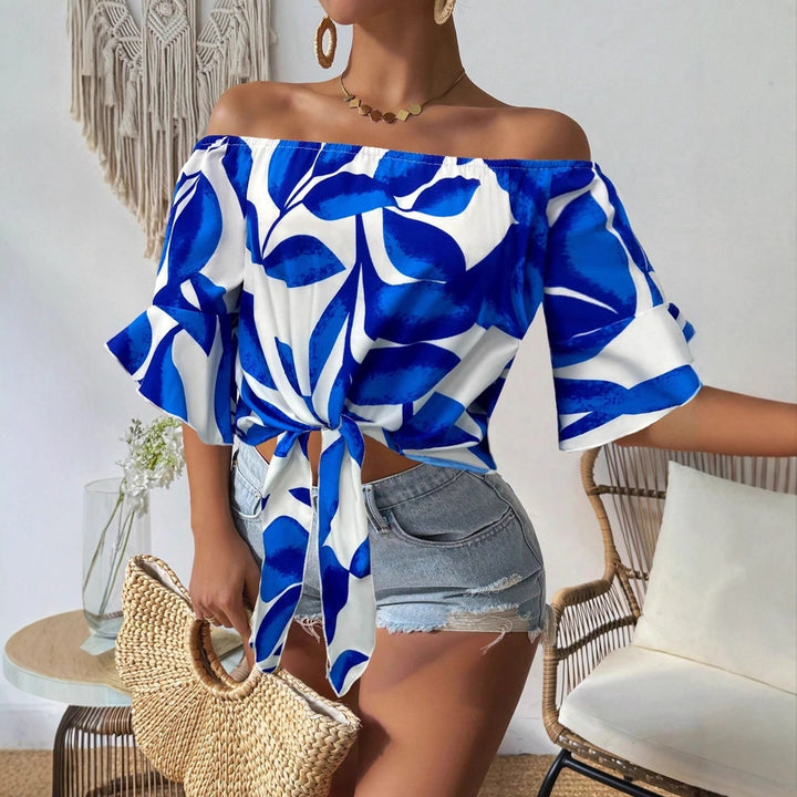 Damen Off-Shoulder Bluse mit floralem Muster und taillierbarem Knoten Drune