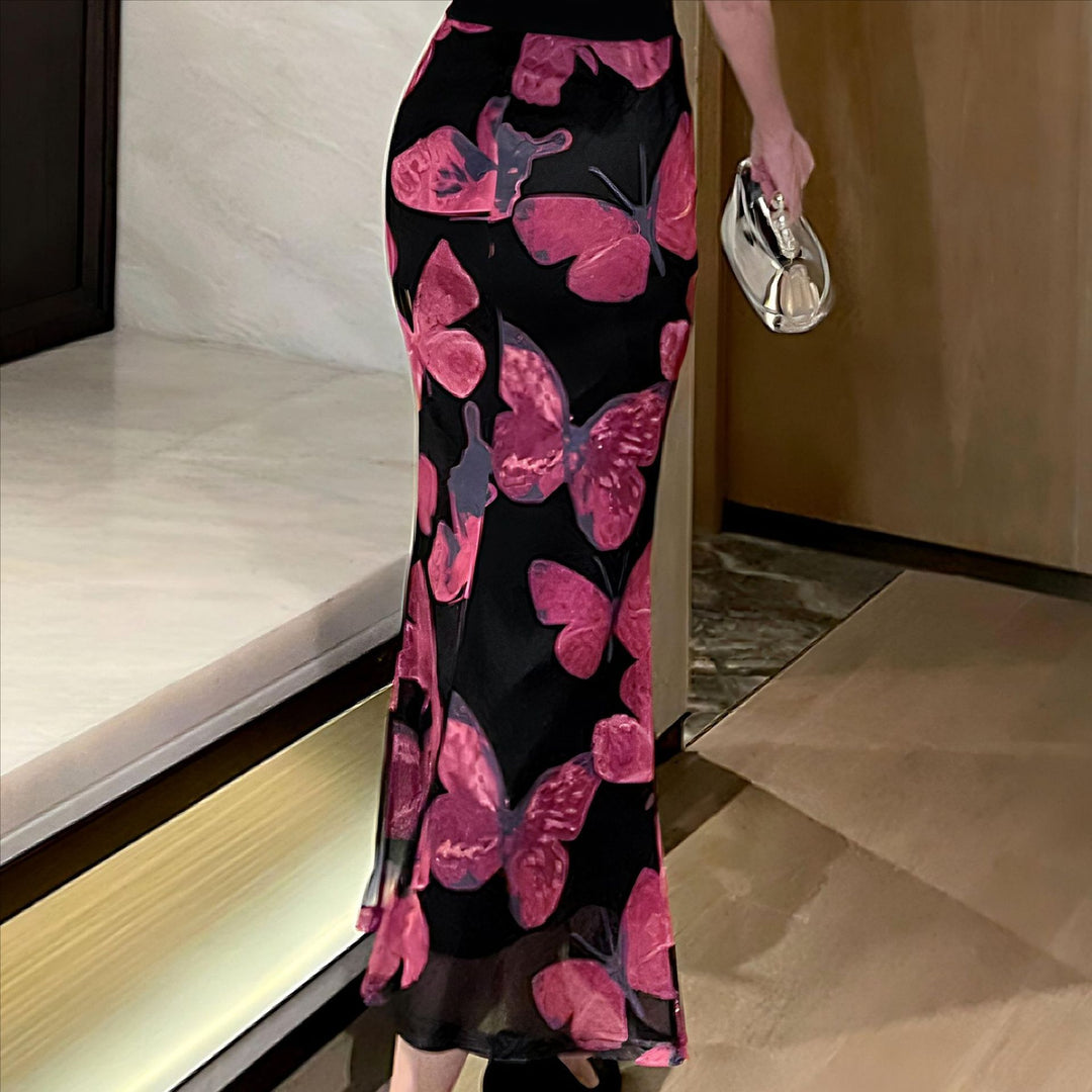 Damen Elegantes Maxikleid mit floralen Schmetterlingsmustern und transparentem Saum Drune