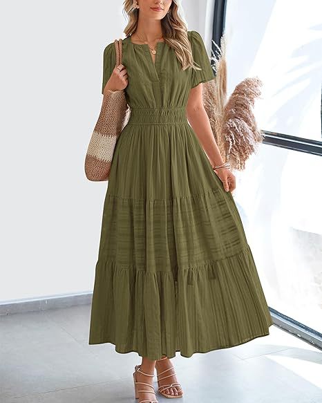 Damen langes Sommerkleid mit elastischem Taillenbund und raffiniertem Faltenwurf Drune