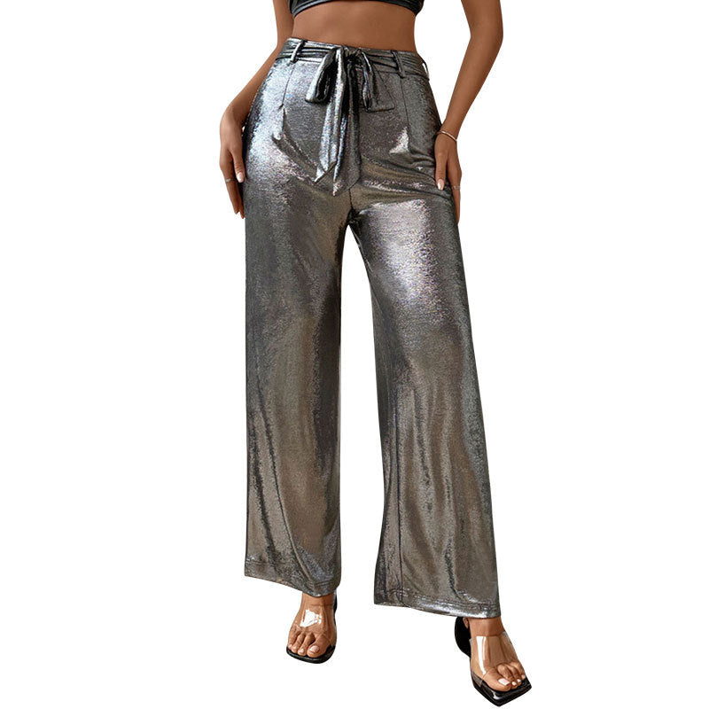 Damen glänzende Palazzo-Hose mit hohem Bund und dekorativem Bindegürtel Drune