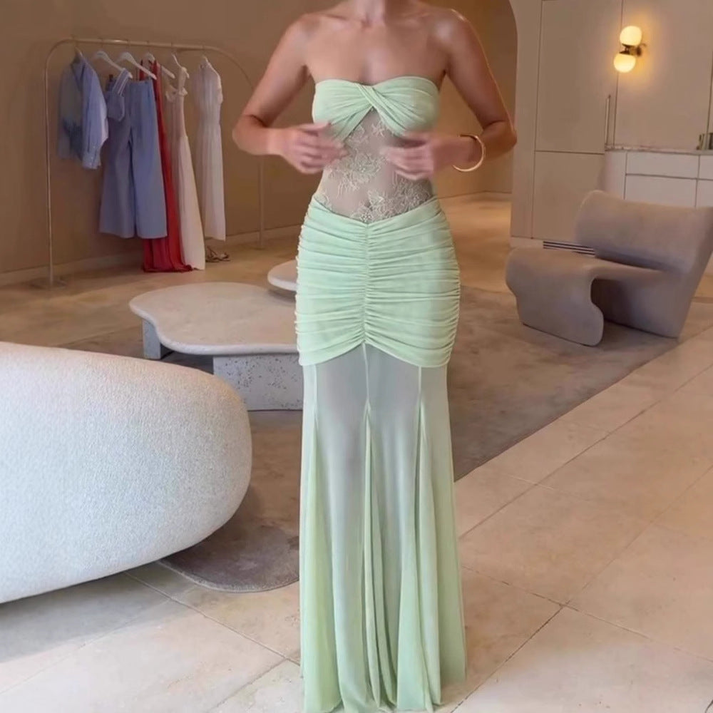 Damen Glamouröses Abendkleid mit Raffungen und Spitze Drune