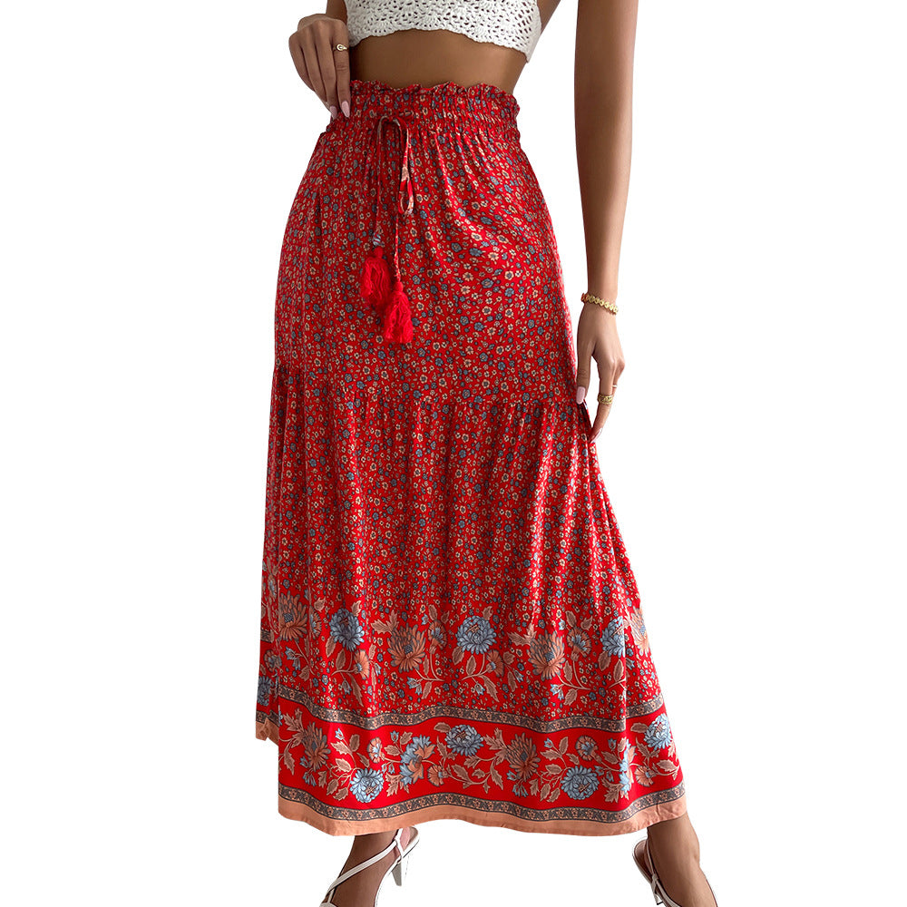 Damen nan leichter Stufen-Maxirock mit elastischem Rüschenbund, Kordel-Tassel und zartem Paisley-Print Drune