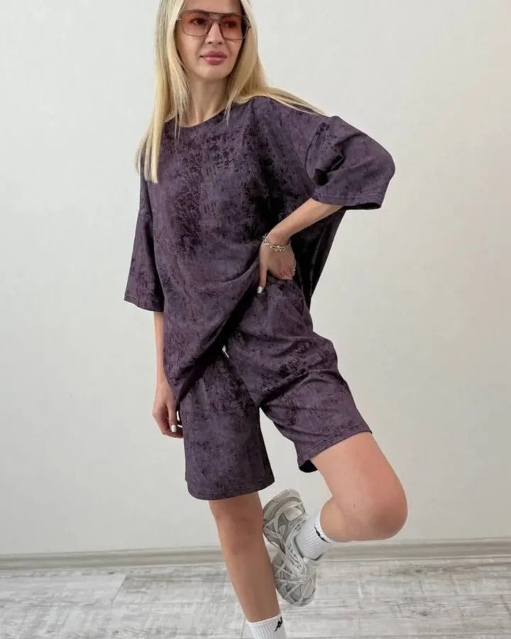Damen lässiges Kurzarm-Set aus weichem Material mit bequemen Shorts Drune