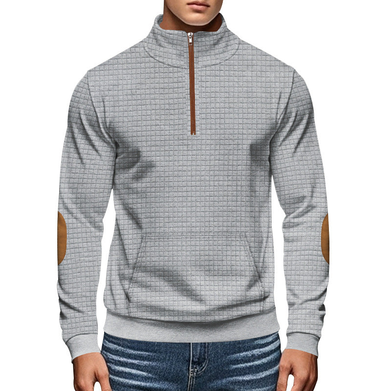 Herren nan gestepptes Halfzip-Sweatshirt mit Stehkragen, Kängurutasche und Kunstleder-Ellenbogenpatches Drune