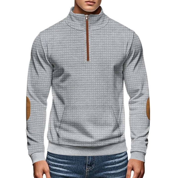 Herren nan gestepptes Halfzip-Sweatshirt mit Stehkragen, Kängurutasche und Kunstleder-Ellenbogenpatches Drune
