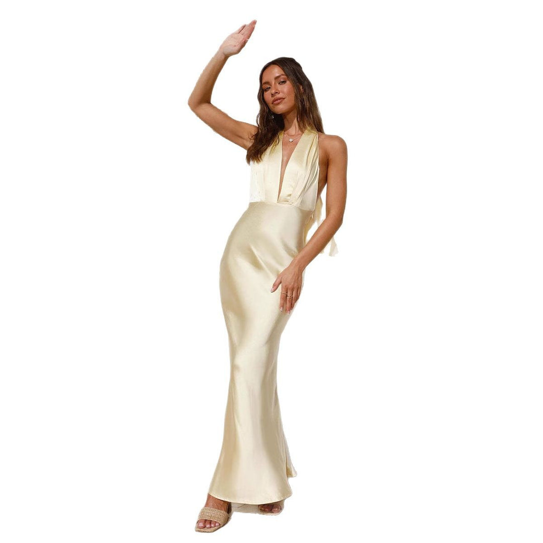 Damen elegantes satiniertes Maxikleid mit tiefem V-Ausschnitt und figurbetontem Schnitt Drune