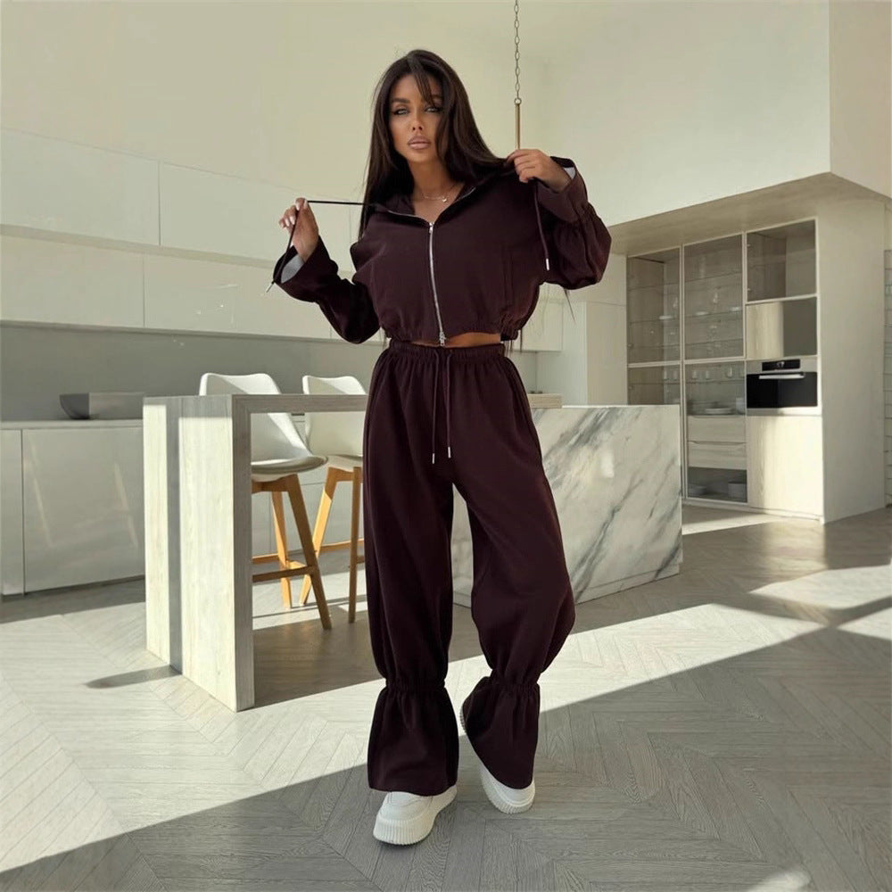 Damen Sportliches Zwei-Teiler-Set mit cropped Kapuzenpullover und weiten Hosen Drune