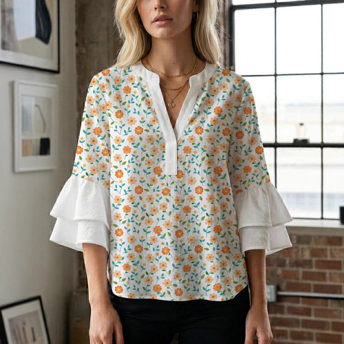 Damen Blusenshirt mit voluminösen Ärmeln und kreativem Druckdesign Drune