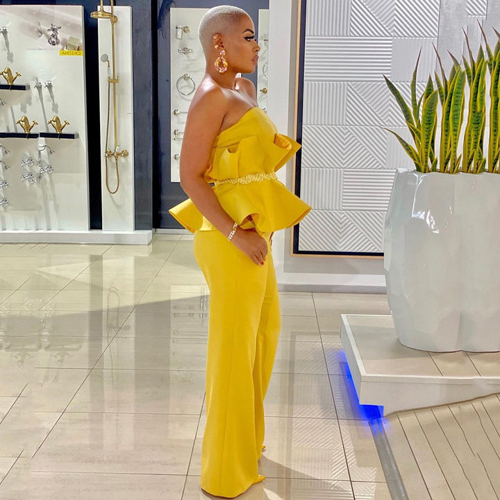 Damen Jumpsuit mit voluminösem Rüschendesign und schulterfreiem Oberteil Drune